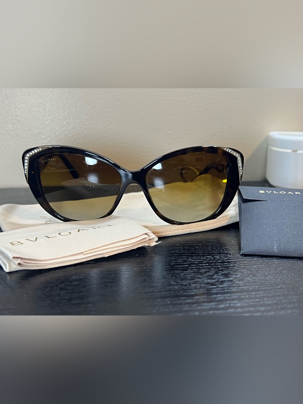 Bvlgari Black Tortoiseshell Cat-Eye Sunglasses with Brown Gradient Lenses